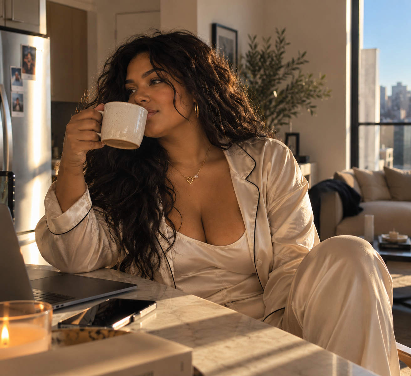 A woman sipping coffee at home in morning light, wearing a gold heart necklace
